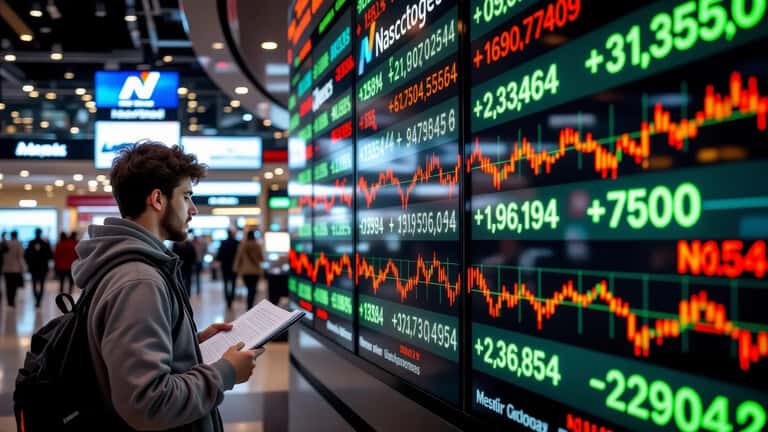 Electronic stock board showing the Nasdaq index and semiconductor tickers falling in red as a student studies the figures