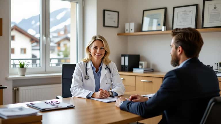 Médecin généraliste à Lausanne en consultation avec un patient dans un cabinet moderne, médecine de famille en Suisse