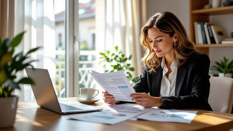 Investisseure française à Rennes comparant des documents SCPI sur un bureau lumineux, matinée calme et professionnelle