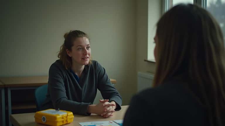 Heilbrigðisstarfsmaður í skaðaminnkunarþjónustu ræðir við skjólstæðing á heilsugæslustöð í Reykjavík