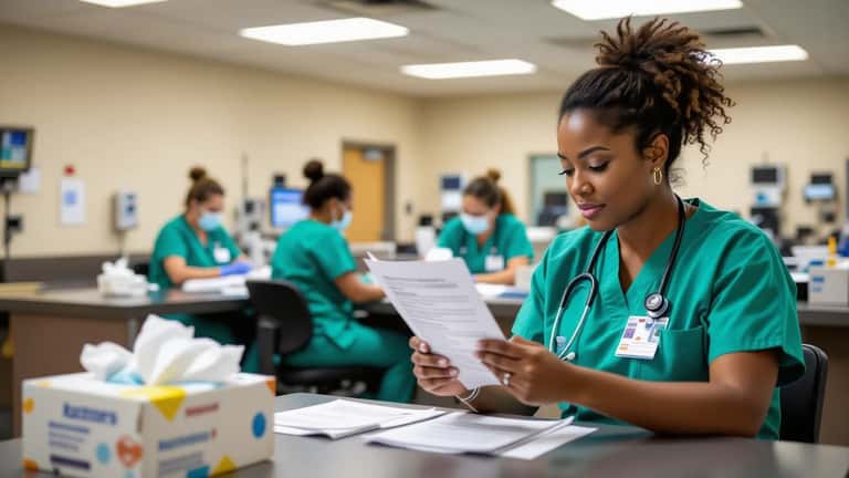 Black nurse in scrubs at New Orleans hospital staff lounge reviewing sick leave policy on phone with tissues beside her