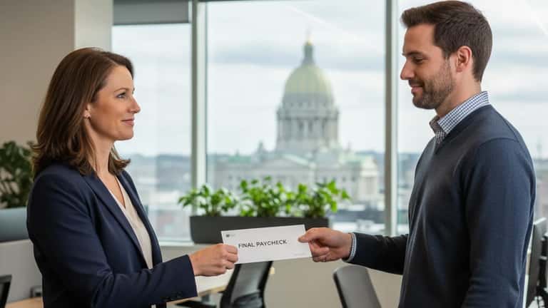 HR director handing a final paycheck envelope to a departing employee in a St. Paul Minnesota office