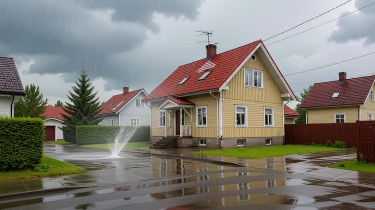 Rankkasade osuu suomalaiseen omakotitaloon ja vesi kerääntyy perustuksille