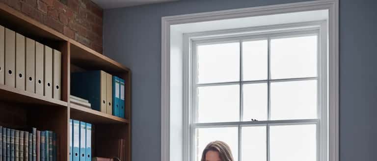 British business owner reviewing QuickBooks Payroll on laptop in a compact UK office with natural daylight
