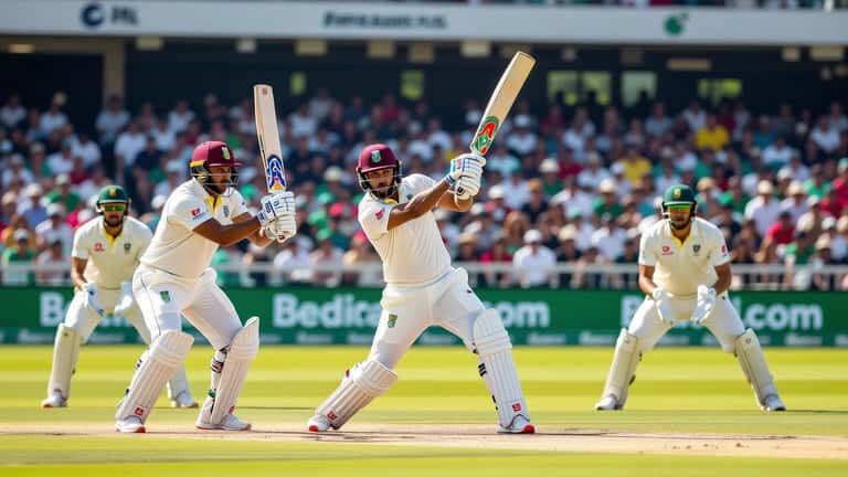 Joueurs de cricket lors du match international WI vs NZ 2026 sur un terrain ensoleillé