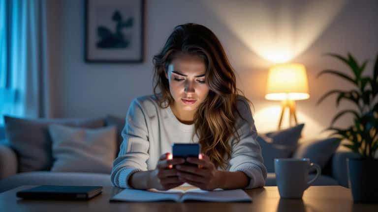 Frau schaut nachts besorgt auf ihr Smartphone – Symbol für digitale Obsession und Besessenheit