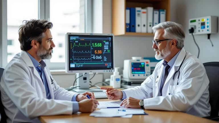 Paciente português em consulta de nefrologia a analisar resultados de função renal com médico especialista
