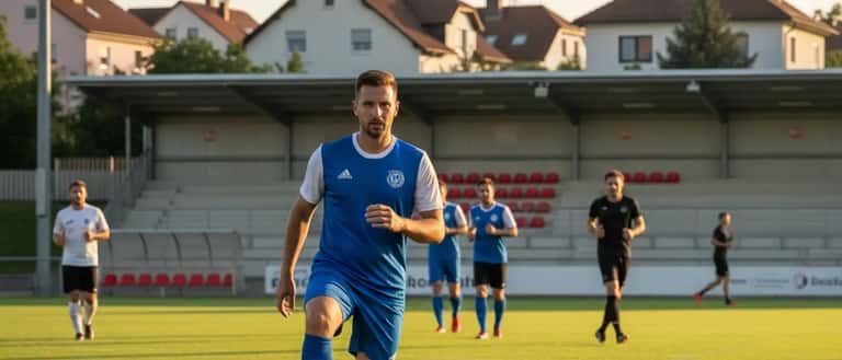 Deutscher Amateurfußballer dehnt seinen Oberschenkel auf einem Münchner Sportplatz vor dem Training