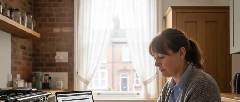 British woman reviewing household energy bills at kitchen table in Manchester home