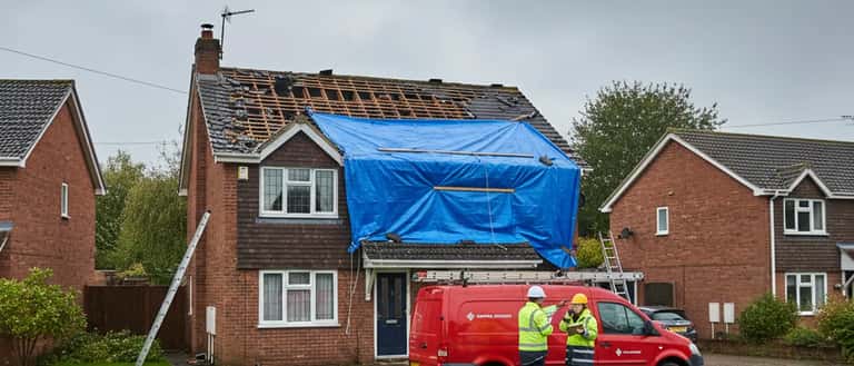Storm damaged roof with missing tiles and debris after severe UK weather event