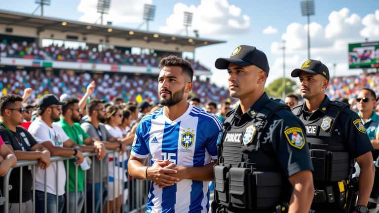 Torcedor sendo escoltado pela polícia militar na entrada de estádio durante partida da Série C