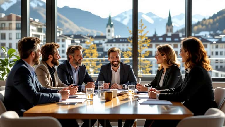 Professionnels argentins et suisses échangent dans un espace moderne, symbole de l’intégration de la diaspora argentine en Suisse en 2026