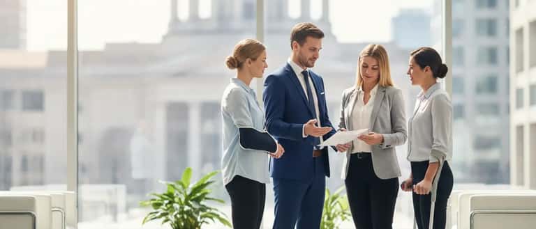 British solicitor reviewing case documents with an injured client in a modern London law office
