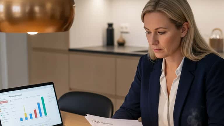 Dansk kvinde gennemgår pensionsvalgsformular og OK26 valgfrihedsordning dokumenter ved køkkenbord med laptop i Aarhus