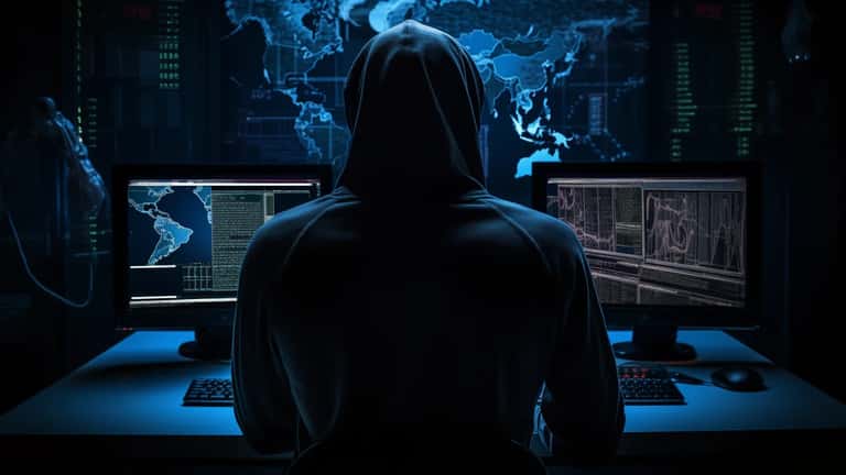Hacker al lavoro su un computer in una stanza buia, simbolo degli attacchi informatici via Microsoft Teams nel 2026