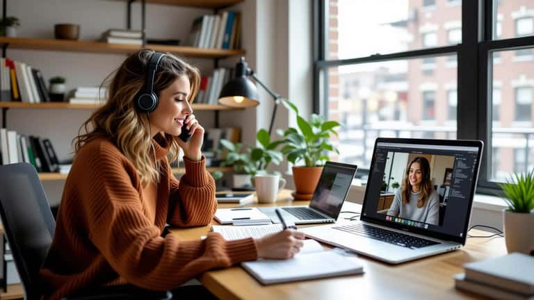 Woman in video call language tutoring session at home office desk with notebook and vocabulary notes, documentary style