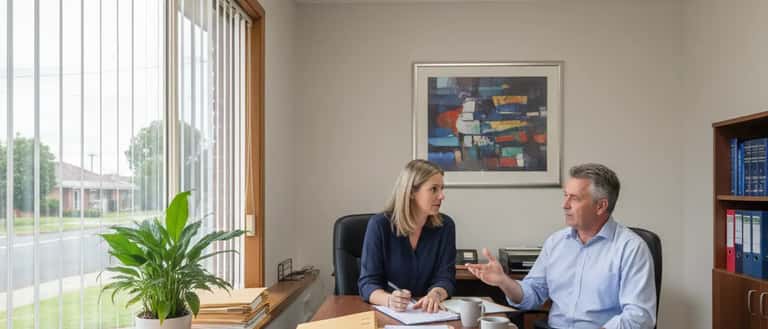 Woman consulting with a family lawyer across a timber desk in a Melbourne office, discussing divorce options