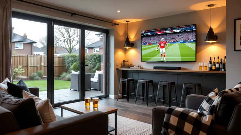 Timber garden room in a UK back garden set up as a home sports bar with a large TV showing football
