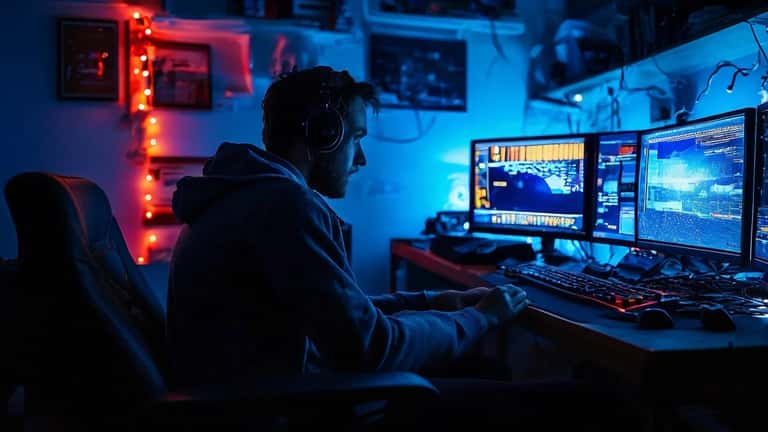 Australian gamer in dark home office looking at security alert on dual monitors with gaming controller nearby