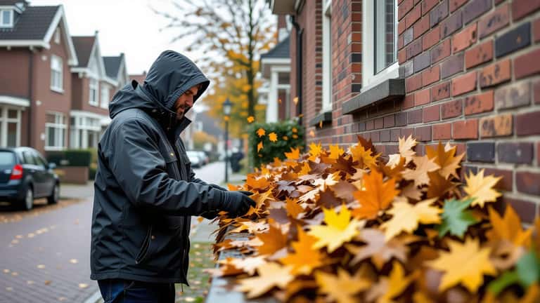 Huiseigenaar inspecteert verstopte dakgoot bij hevige herfstregen in Nederland