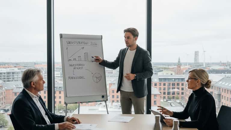 Iværksætter præsenterer businessplan for investorer i moderne kontorlokale