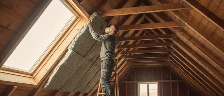 Hantverkare installerar isolering på vind i skandinaviskt trähus, energieffektivisering 2026