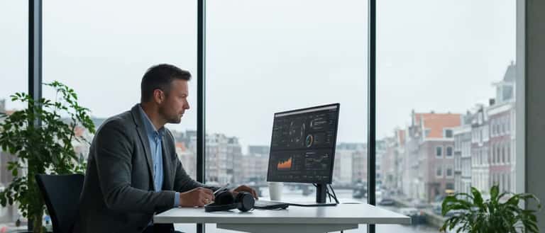 Nederlandse IT-beveiligingsconsultant in Amsterdams kantoor met vliegtuig zichtbaar door raam