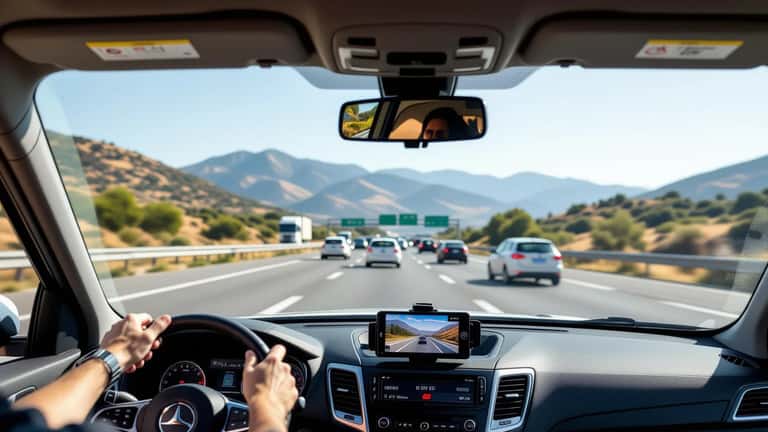 Dashcam su parabrezza auto in autostrada durante l'esodo estivo italiano, coda sull'A1