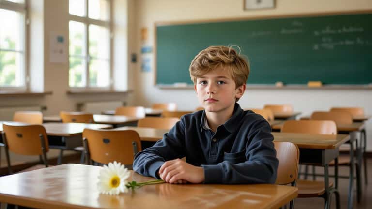 Barn sidder alene i tomt dansk klasseværelse med blomst på naboens stol, symbol på sorg efter skoletragedie