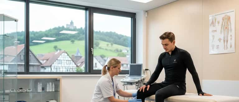 Sportmedizinerin untersucht Eiskunstläufer-Sprunggelenk in moderner Sportklinik