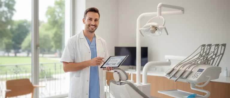 British dentist examining a patient in a modern UK dental surgery with clinical equipment