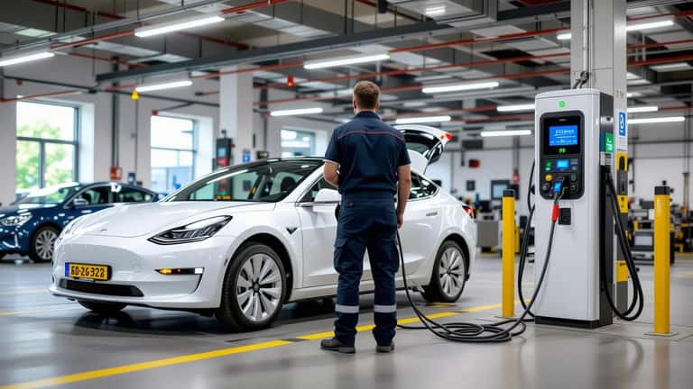 Automonteur controleert bandenspanning van elektrische auto naast thuislaadpaal terwijl stroomprijs piekt