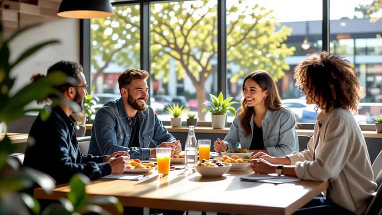 Diverse Texas office workers during a lunch break in a modern Houston workplace with city view