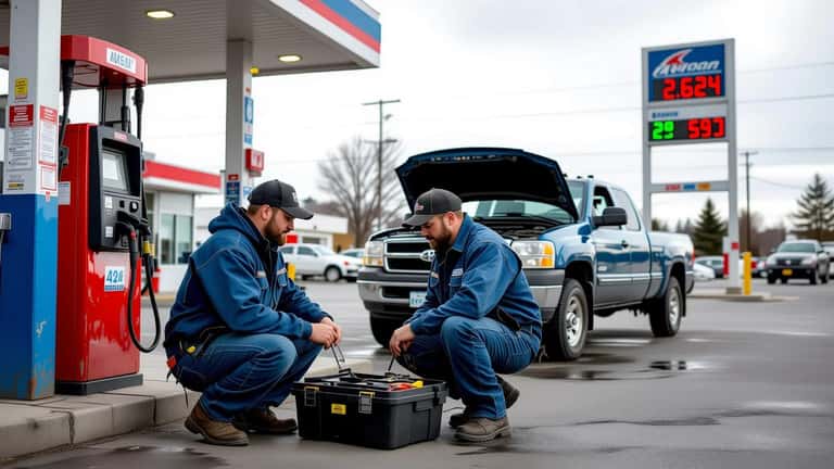 Mechanic inspecting diesel pickup truck engine bay at a Canadian fuel station showing record high diesel prices in 2026