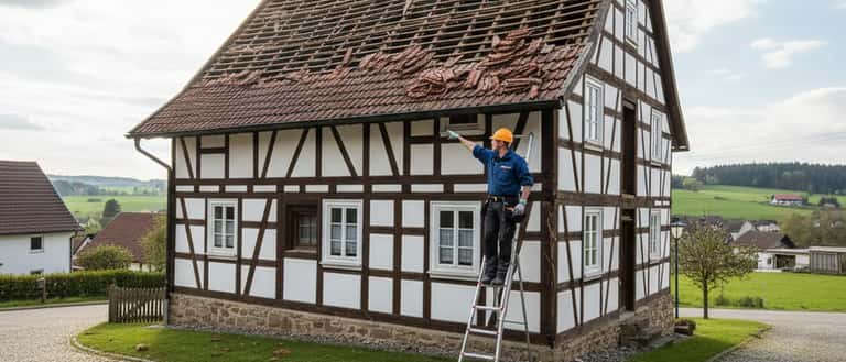 Deutsches Haus mit Sturmschäden am Dach, ein Handwerker inspiziert die Schäden im März 2026