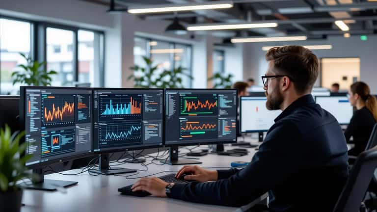 IT-konsult analyserar AI-cyberhot på datorskärm med säkerhetsvarningar 2026