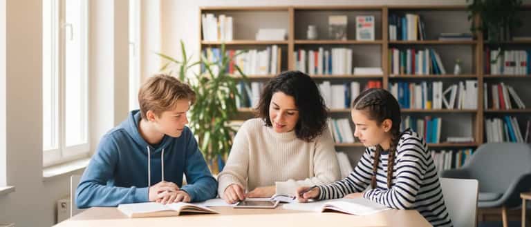 Dansk teenager og tutor gennemgår en matematikopgave ved et skrivebord i et hyggeligt hjem