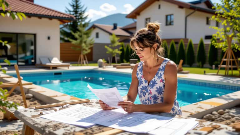 Hausbesitzer begutachtet Baupläne neben frisch ausgehobenem Swimmingpool im Garten, Steiermark 2026