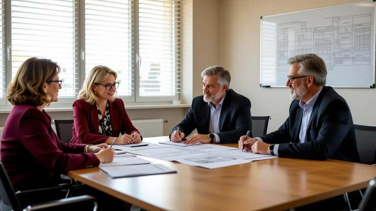 Réunion de copropriétaires à Toulouse autour d'un plan pluriannuel de travaux, documents et plans architecturaux sur la table
