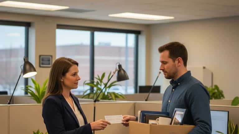 HR manager handing final paycheck to departing employee at a Topeka Kansas office