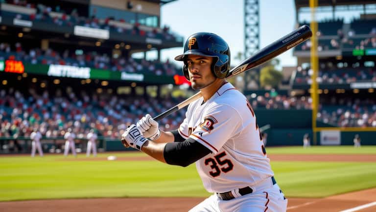 Jardinero de béisbol latino en postura de bateo en estadio MLB, fotografía de estilo fotoperiodismo