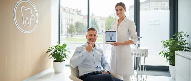 British dental professional examining a dental implant model in a modern UK clinic