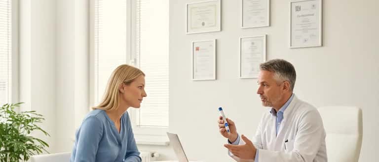 Frau in Münchner Arztpraxis lässt sich von Mediziner über Abnehmspritze beraten