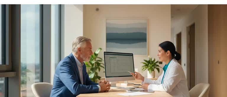 Elderly man in a consultation with his GP reviewing health records in a bright modern medical office