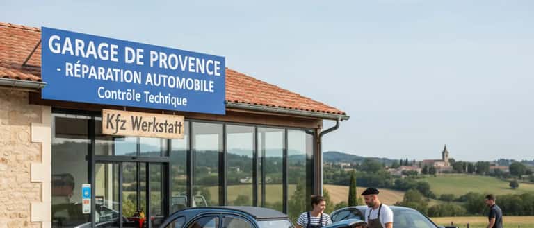 Innenansicht einer österreichischen Kfz Werkstatt mit Mechaniker an einem Fahrzeug auf der Hebebühne