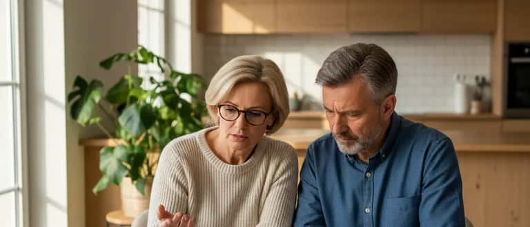 Deutsches Ehepaar prüft Krankenversicherungsunterlagen am Küchentisch