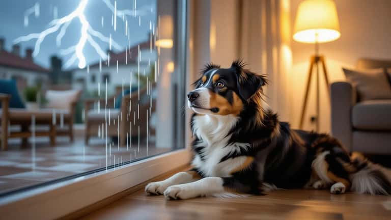 Cão ansioso escondido sob um sofá durante uma trovoada em apartamento em Lisboa, relâmpagos visíveis pela janela