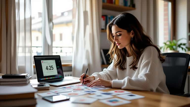 Donna italiana studia con flashcard a cronometro per prepararsi a un quiz televisivo