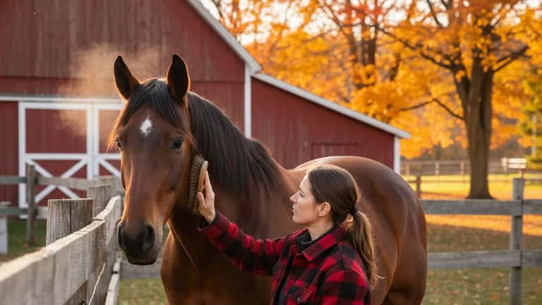 Femme québécoise brossant un cheval bai dans un enclos de ferme rurale, lumière dorée d'automne, érables colorés et grange rouge en arrière-plan