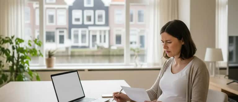 Zwangere vrouw in Nederland bestudeert financiele documenten over bevallingsverlof 2026